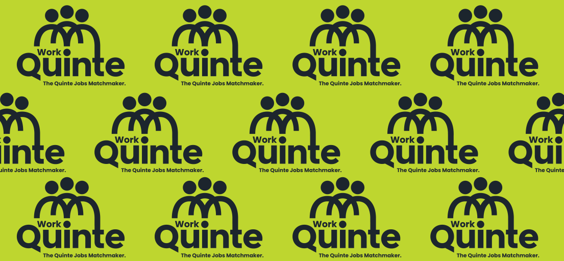 Black background with lime green work in quinte logo and The Quinte Jobs Matchmaker tagline.