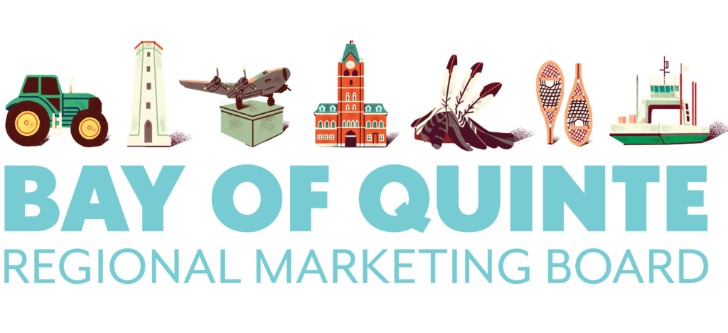 Illustration with text "Bay of Quinte Regional Marketing Board" and various icons including a tractor, lighthouse, airplane, buildings, feathers, snowshoes, and a boat above the text.