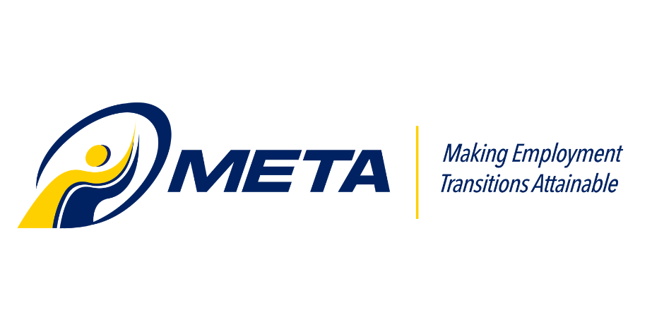 META logo with a stylized figure and the text “META” next to the phrase “Making Employment Transitions Attainable” in blue and yellow colors.