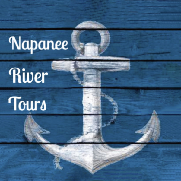 White anchor illustration on a blue wooden background with the text "Napanee River Tours" written in white on the left side.