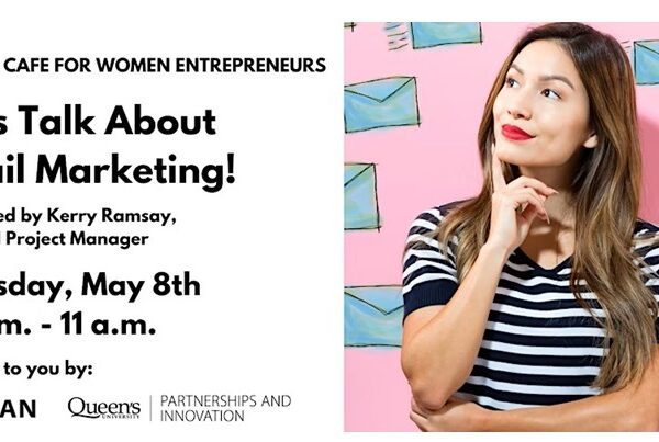 A woman stands in front of a pink backdrop with envelope illustrations. Event details about an email marketing webinar for women entrepreneurs are shown on the left.