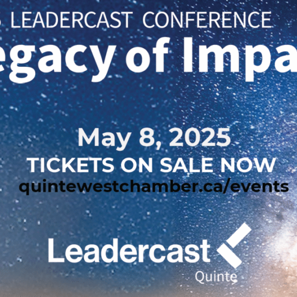 2025 Leadercast Conference "Legacy of Impact" event details with date, ticket info, and website against a starry sky background.