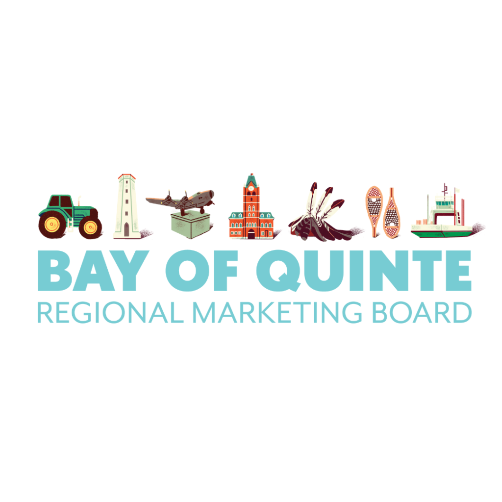 Logo for Bay of Quinte Regional Marketing Board with illustrated icons of a tractor, lighthouse, fish, historic building, cattails, snowshoes, and a boat above the text.