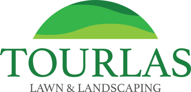 Logo for Tourlas Lawn & Landscaping, featuring stylized green hills above the company name in green capital letters.