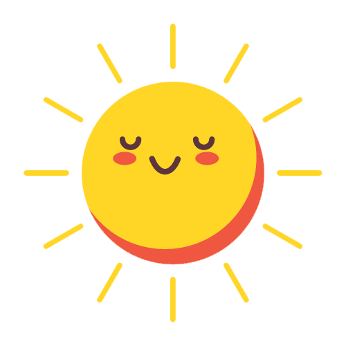 Illustration of a yellow sun with a smiling face and blushing cheeks, surrounded by sun rays on a white background.