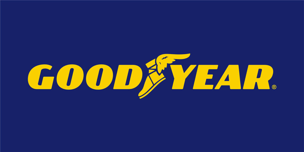 Goodyear logo with yellow text on a blue background and a winged shoe replacing the "Y" in the center.
