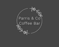 Logo for "Parris & Co Coffee Bar" with white floral line art on a dark gray background.