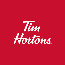 The Tim Hortons logo in white script appears centered on a solid red background.