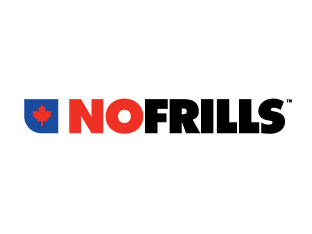 No Frills logo with a red maple leaf inside a blue shield and bold text reading "NO FRILLS" in red and black letters on a white background.