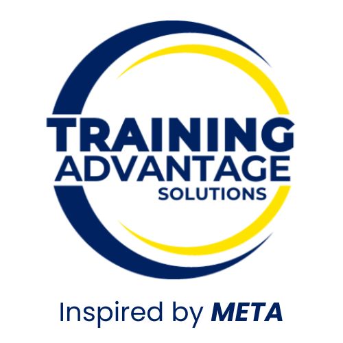 Logo with blue and yellow circular design, reads "Training Advantage Solutions." Below, text says "Inspired by META" and highlights a commitment to food safety.