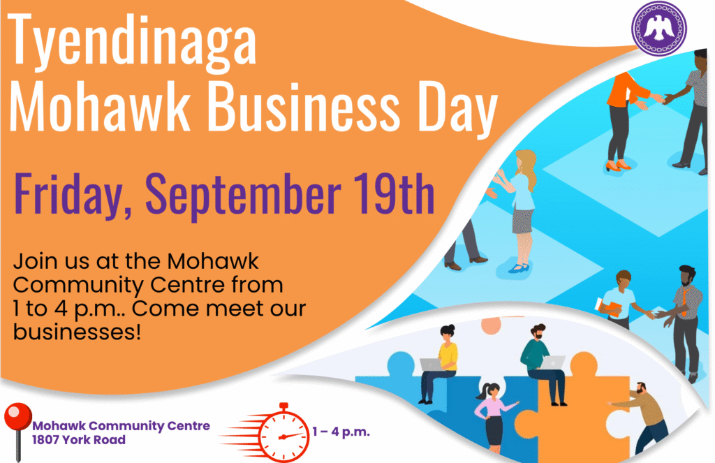 Poster for Tyendinaga Mohawk Business Day on Friday, September 19th, 1–4 p.m. at Mohawk Community Centre, featuring illustrated people, event details, and information on food safety for local businesses.