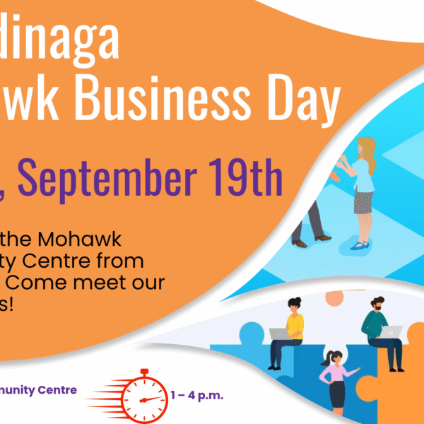 Poster for Tyendinaga Mohawk Business Day on Friday, September 19th, 1–4 p.m. at Mohawk Community Centre, featuring illustrated people, event details, and information on food safety for local businesses.