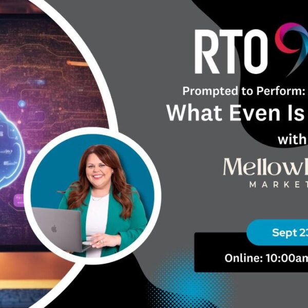 Promotional graphic for an online event titled "What Even Is ChatGPT?" by Regional Tourism Organization and MellowBrew Marketing, scheduled for Sept 23, 10:00am-11:00am. Discover tips on designing graphics with Canva for your next project!.
