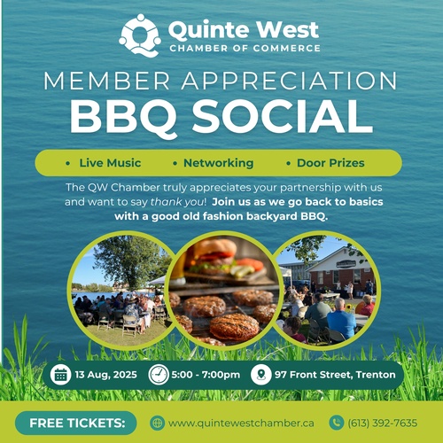 Quinte West Chamber of Commerce BBQ Social event poster with Psychological First Aid information, event details, photos of people, and grilled food, highlighting live music, networking, and door prizes.