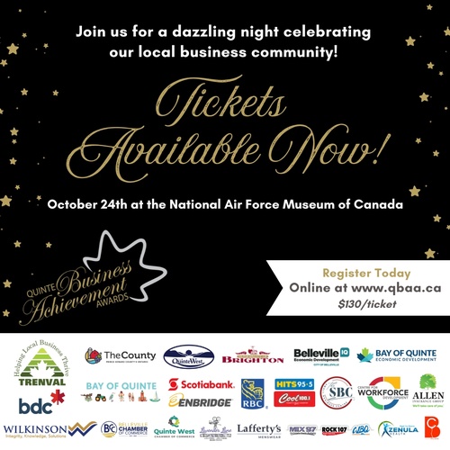 Promotional poster for the Quinte Business Achievement Awards on October 24th at the National Air Force Museum of Canada; get your tickets online for $130.