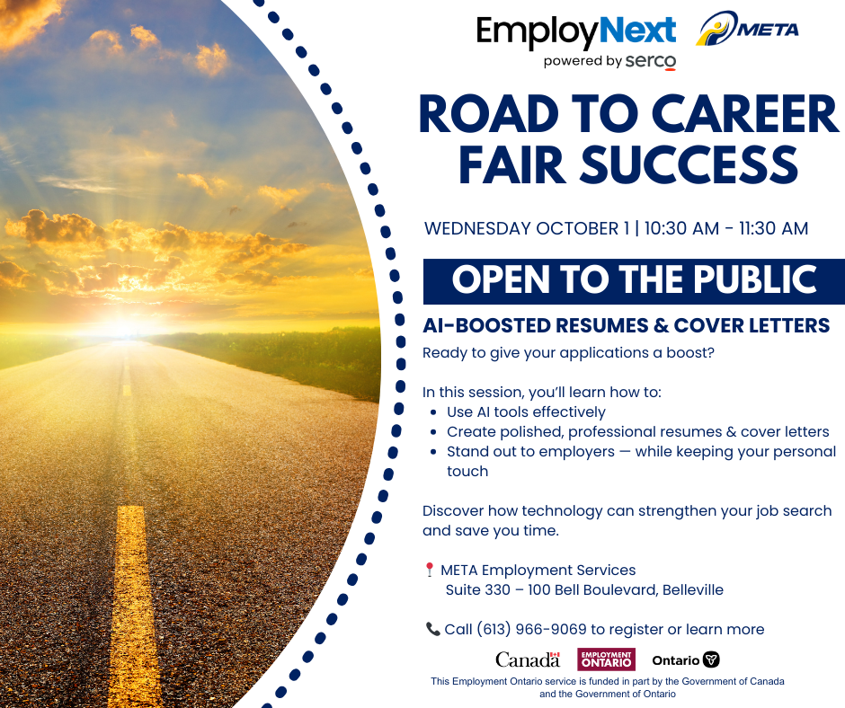 Event flyer for a career fair success session on AI-boosted resumes and cover letters, open to the public, at META Employment Services on October 11 from 10:30 to 11:30 AM.