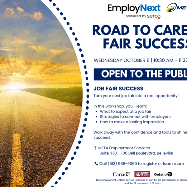 Sunrise behind a rural road with text promoting a public career fair success workshop on October 8, hosted by META Employment Services in Belleville.