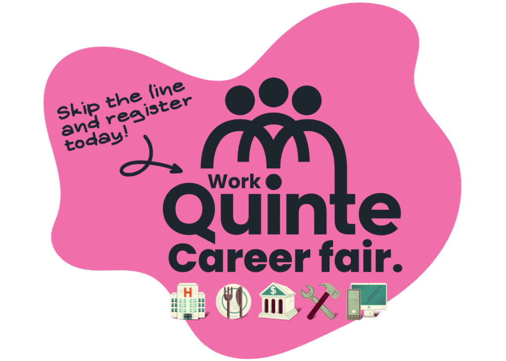 Pink graphic promoting the Quinte Career Fair with icons for healthcare, food service, finance, trades, and technology; text encourages early registration.