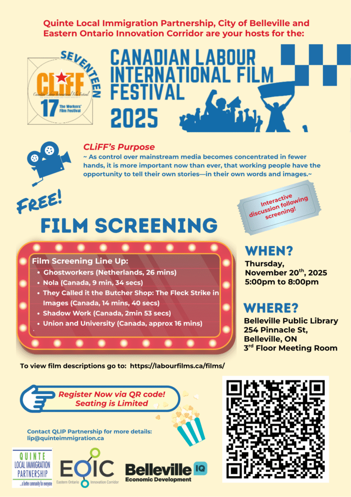 Poster for the Canadian Labour International Film Festival 2025 in Belleville, featuring films like "How to Become a Tech Teacher." Includes event details, screening times, a QR code, and organizer logos on a vibrant yellow and blue background.