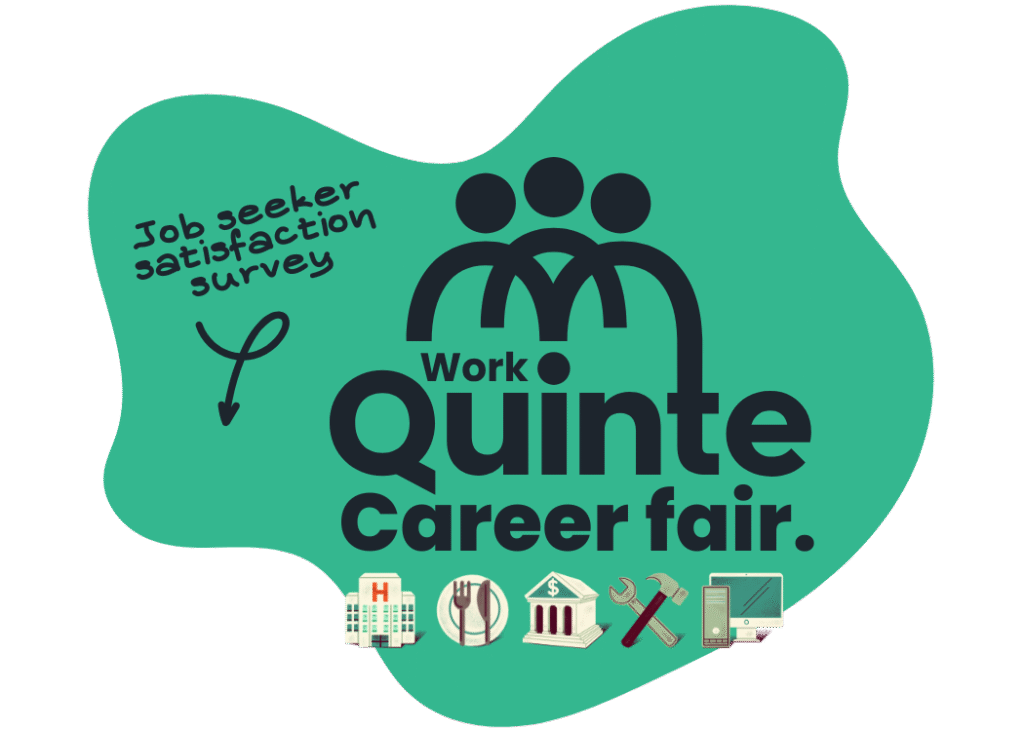 Work Quinte Career Fair logo with three stylized people icons, job seeker satisfaction survey text, and icons representing various professions along the bottom.