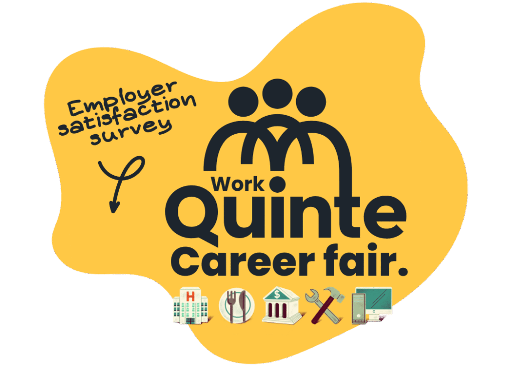 Yellow graphic with "Work Quinte Career Fair" text, three figures icon, "Employer satisfaction survey" label, and five occupation-themed icons at the bottom.