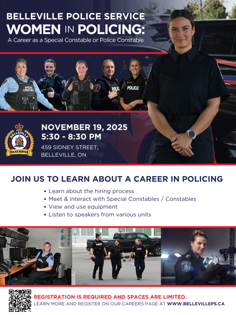 Poster for Belleville Police Service event on Women in Policing, featuring female officers and details for November 19, 2025, at 459 Sidney Street—presented in partnership with the Canadian Labour International Film Festival.