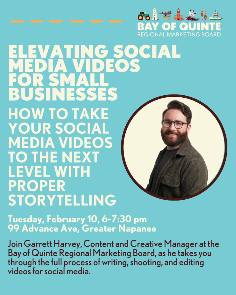 Event poster for a workshop on elevating social media videos for small businesses—perfect for those attending the recruitment fair. Features Garrett Harvey, event details, and a portrait of the speaker.