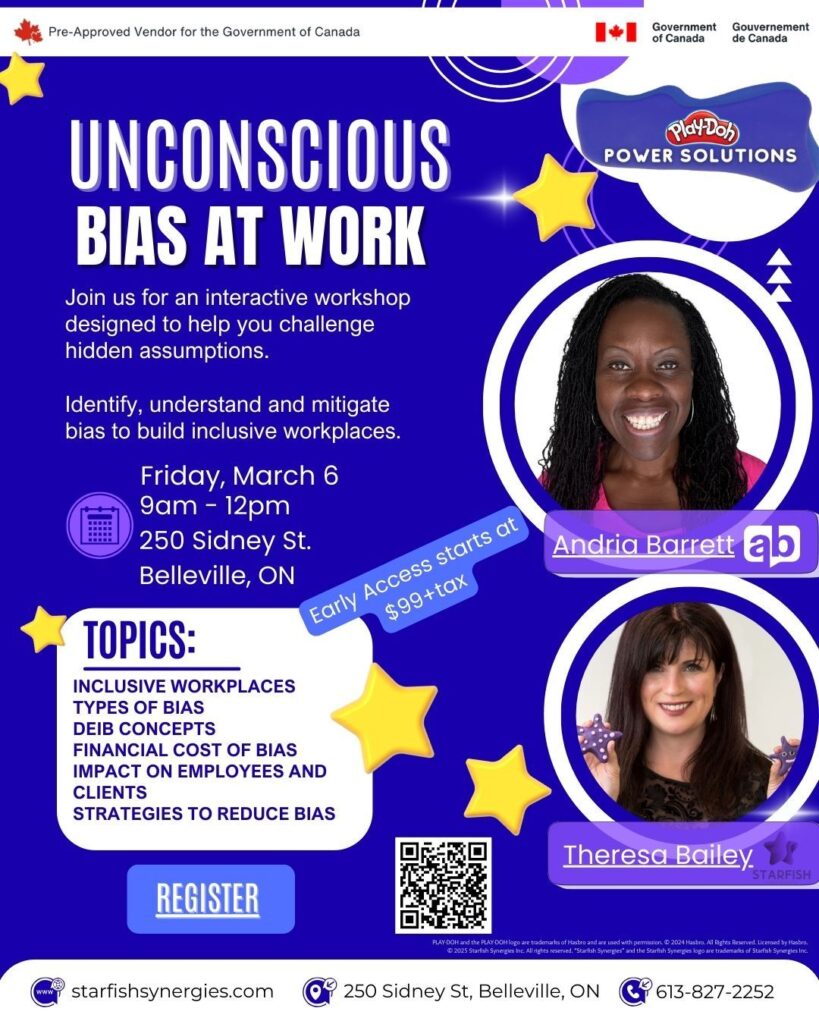 A flyer for the “Unconscious Bias at Work” workshop on March 6 in Belleville, ON, celebrating International Women’s Day with photos of Andria Barrett and Theresa Bailey, event details, QR code, and topics like types of bias and strategies to reduce bias.