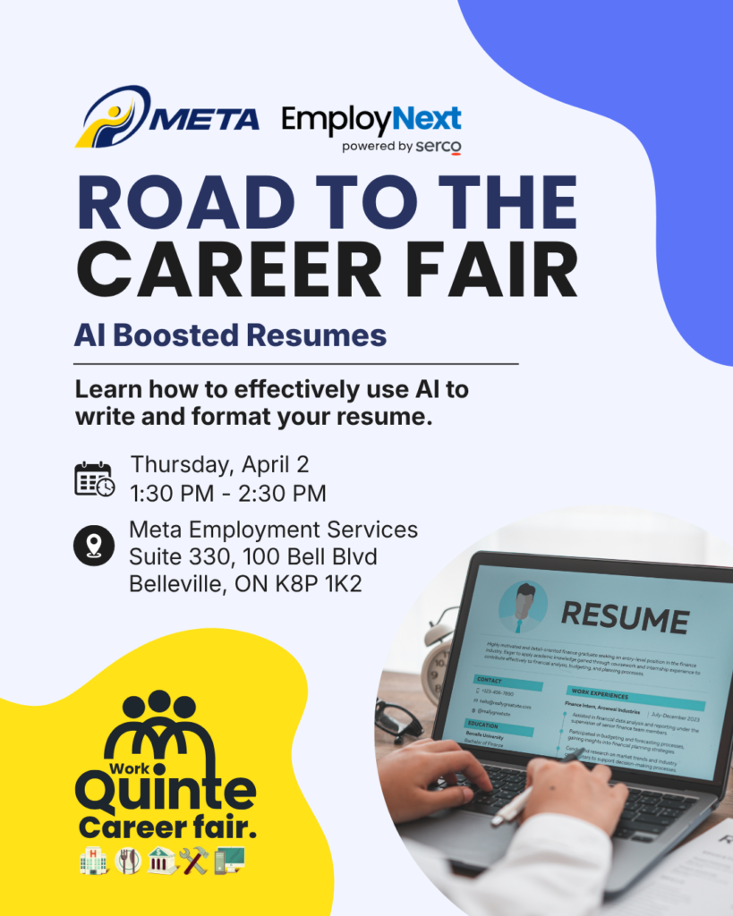 Flyer for the "Road to the Career Fair: AI Boosted Resumes" event by META EmployNext, with event details, a laptop showing a resume on screen, and the Work Quinte Career Fair logo.