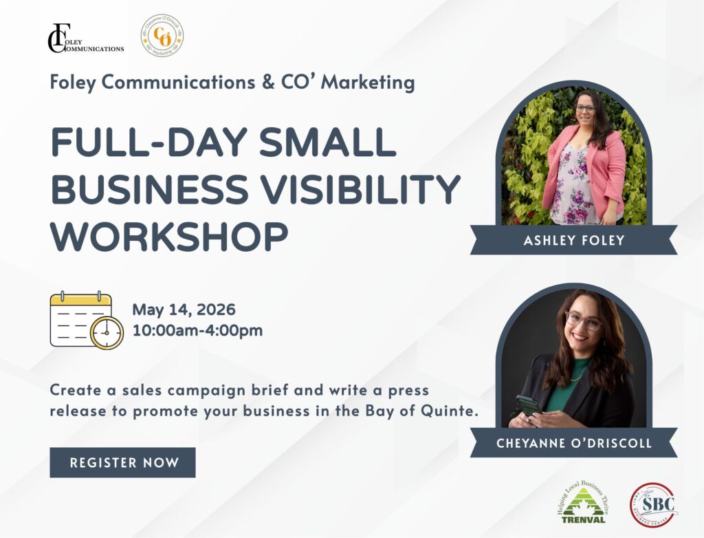 Event flyer for the Full-Day Small Business Visibility Workshop on May 14, 2026, 10am–4pm, featuring photos of Ashley Foley and Cheyanne O’Driscoll. Includes event details, register button, and Business Connect Networking Mixer info.