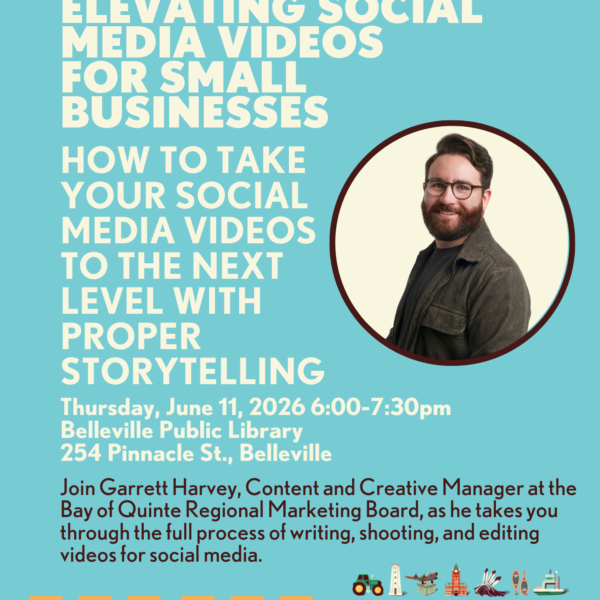 A promotional poster for a social media videos storytelling event features a smiling bearded man in a brown jacket. Event details and logos are included, set on a light blue background with bold white and yellow text.