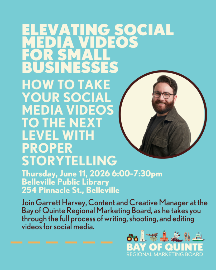 A promotional poster for a social media videos storytelling event features a smiling bearded man in a brown jacket. Event details and logos are included, set on a light blue background with bold white and yellow text.