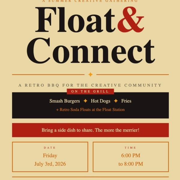 A retro BBQ event flyer titled "Float & Connect," designed with marketing basics in mind, announces a creative gathering on July 3rd, 2026, from 6–8 PM in Belleville—enjoy smash burgers, hot dogs, fries, and retro soda floats.
