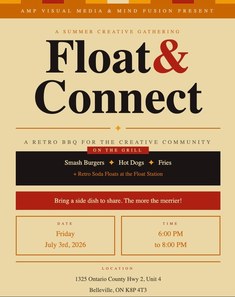 A retro BBQ event flyer titled "Float & Connect," designed with marketing basics in mind, announces a creative gathering on July 3rd, 2026, from 6–8 PM in Belleville—enjoy smash burgers, hot dogs, fries, and retro soda floats.