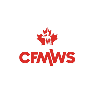 The CFMWS logo in red features a maple leaf with silhouettes of a saluting soldier and two people inside it, above the bold letters "CFMWS" on a white background.