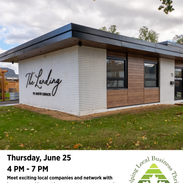A modern building with "The Landing" sign on the exterior. Float & Connect at RISE Venture Showcase—June 25, 4–7 PM, networking for local companies. TRENVAL logo with tagline “Helping Local Business Thrive.”.