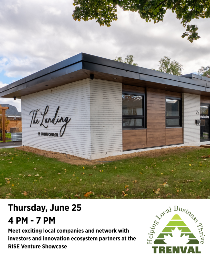 A modern building with "The Landing" sign on the exterior. Float & Connect at RISE Venture Showcase—June 25, 4–7 PM, networking for local companies. TRENVAL logo with tagline “Helping Local Business Thrive.”.