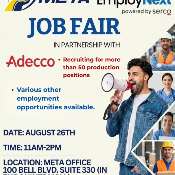 Job fair flyer featuring logos for Meta and EmployNext, event details, and images of workers. Adecco is partnering, offering over 50 production jobs. Event is August 26th, 11am–2pm, at 100 Bell Blvd, Suite 330, Quinte Mall.