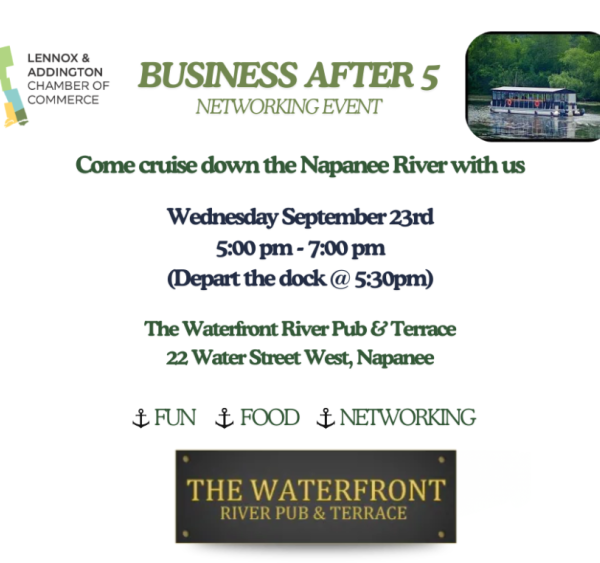 A flyer invites people to a networking event and river cruise focused on marketing basics on September 23rd, 5–7 pm, departing from The Waterfront River Pub & Terrace, Napanee. Includes a photo of a riverboat and the pub’s logo.