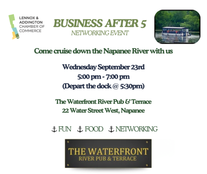 A flyer invites people to a networking event and river cruise focused on marketing basics on September 23rd, 5–7 pm, departing from The Waterfront River Pub & Terrace, Napanee. Includes a photo of a riverboat and the pub’s logo.
