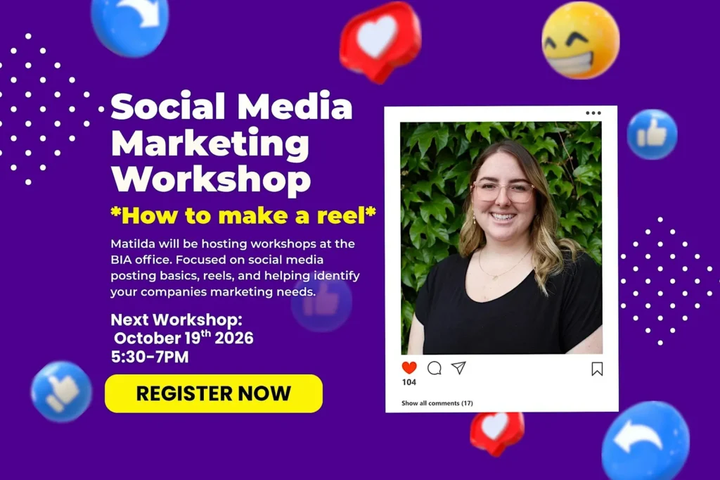 Social Media Marketing Workshop poster for a reel-making class covering marketing basics, hosted by Matilda on October 19, 2026, at 5:30 PM, featuring a photo of Matilda and a Register Now button.