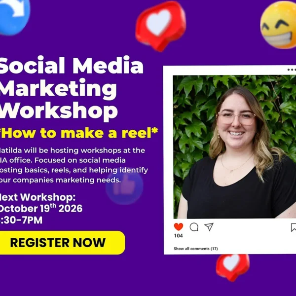 Social Media Marketing Workshop poster for a reel-making class covering marketing basics, hosted by Matilda on October 19, 2026, at 5:30 PM, featuring a photo of Matilda and a Register Now button.