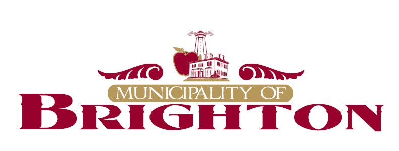 Logo for the Municipality of Brighton featuring a red apple, a building with a windmill, and decorative accents above the name "BRIGHTON.