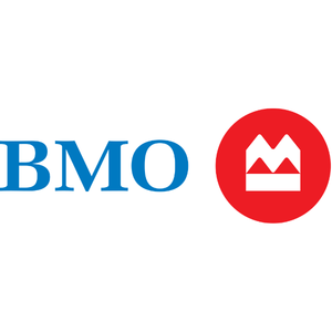 BMO logo with the blue letters "BMO" next to a red circle containing a white stylized crown or mountain design.