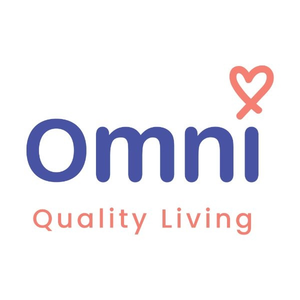 Logo with the word "Omni" in blue letters. The dot on the "i" is replaced by a pink heart outline. Below, "Quality Living" is written in pink uppercase letters on a white background.
